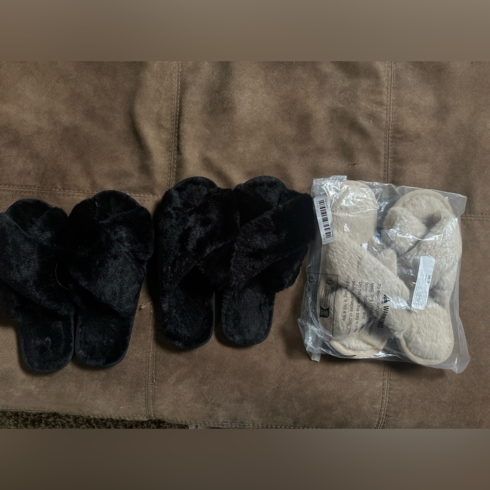 Luxurious Faux Fur Women's Slippers bundle of 3: 2 black & 1 champagne 37-39